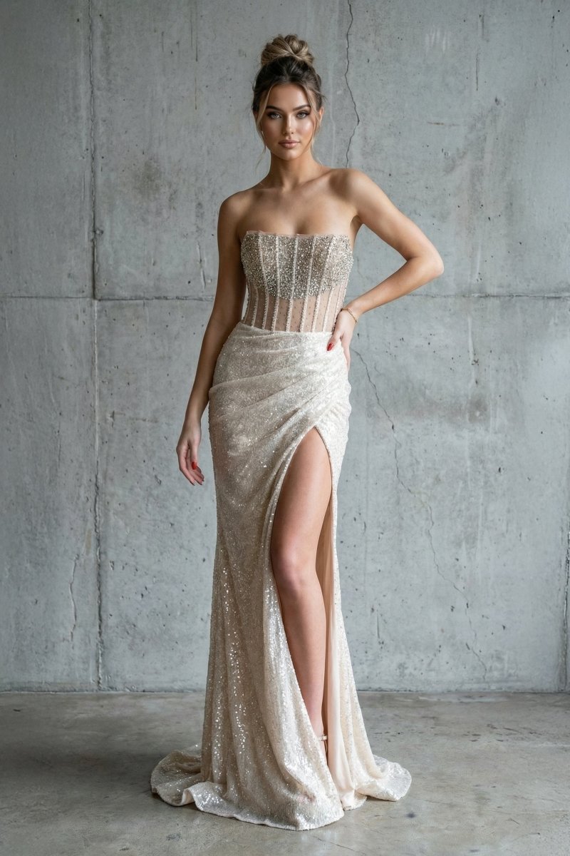 Strapless Mermaid Long Sequins Prom Dress With Split
