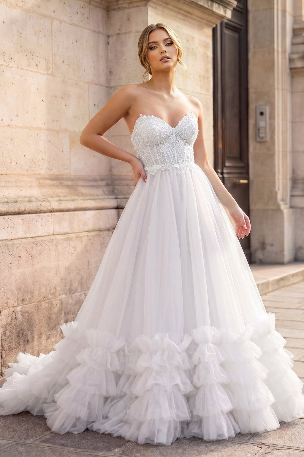 Red Tulle Appliques Sweetheart Ruffle Long Prom Dress