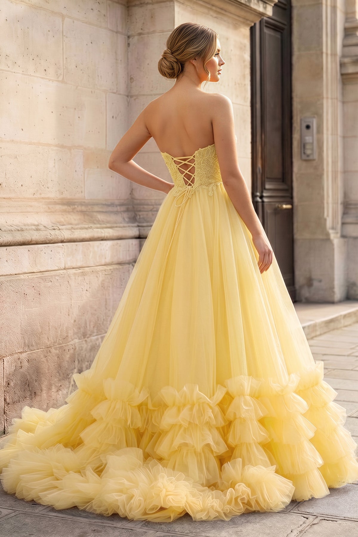 Red Tulle Appliques Sweetheart Ruffle Long Prom Dress