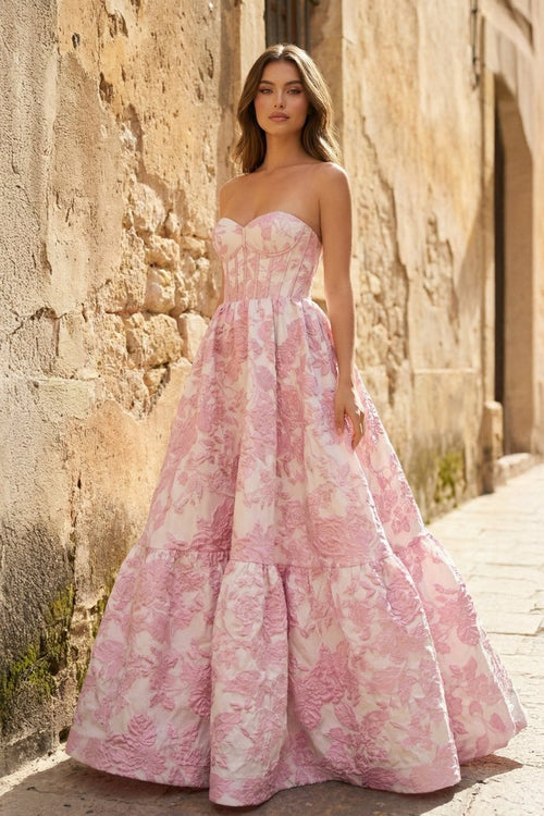 A-Line Sweetheart Floral Printed Long Prom Dresses