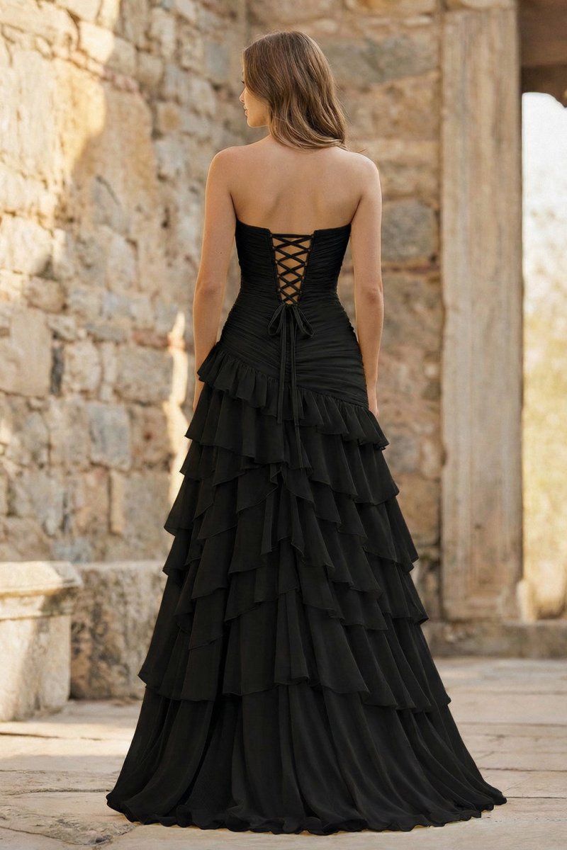 Ruched Ruffle Fitted Yellow Long Prom Dress with Slit
