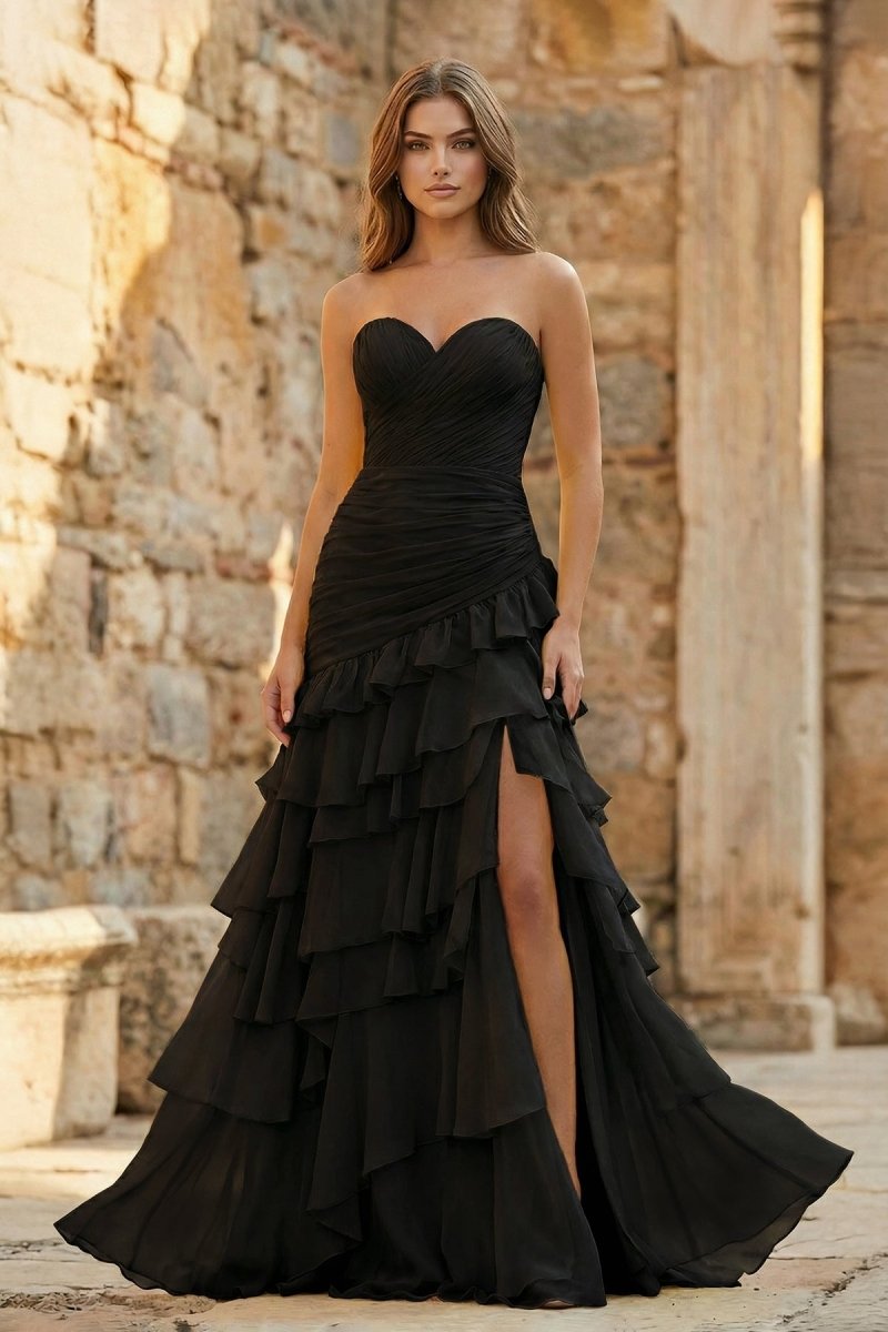 Ruched Ruffle Fitted Yellow Long Prom Dress with Slit
