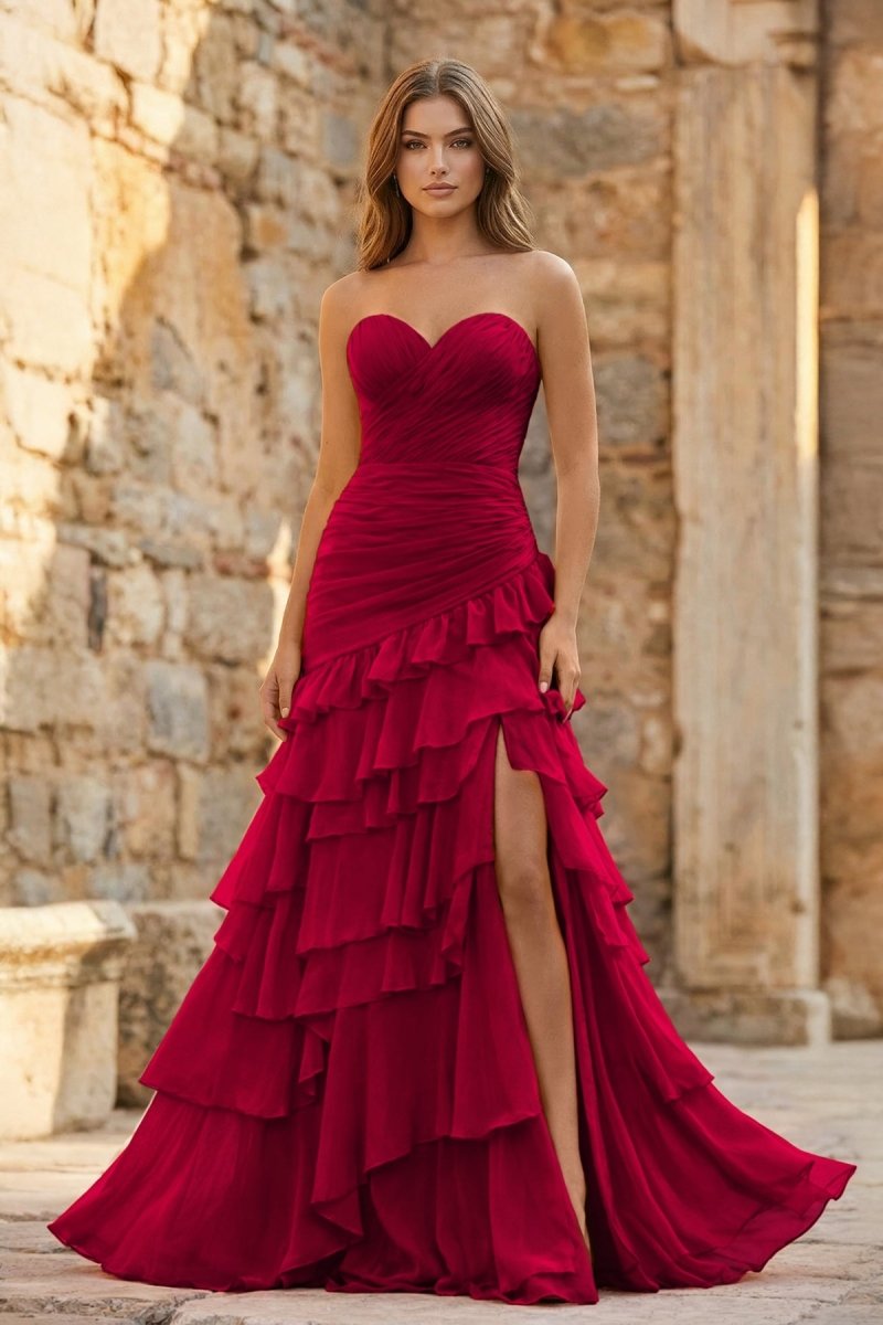 Ruched Ruffle Fitted Yellow Long Prom Dress with Slit