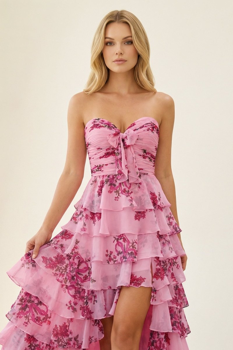 Hot Pink A Line Sweetheart Floral Chiffon Ruffled Long Prom Dresses With Slit