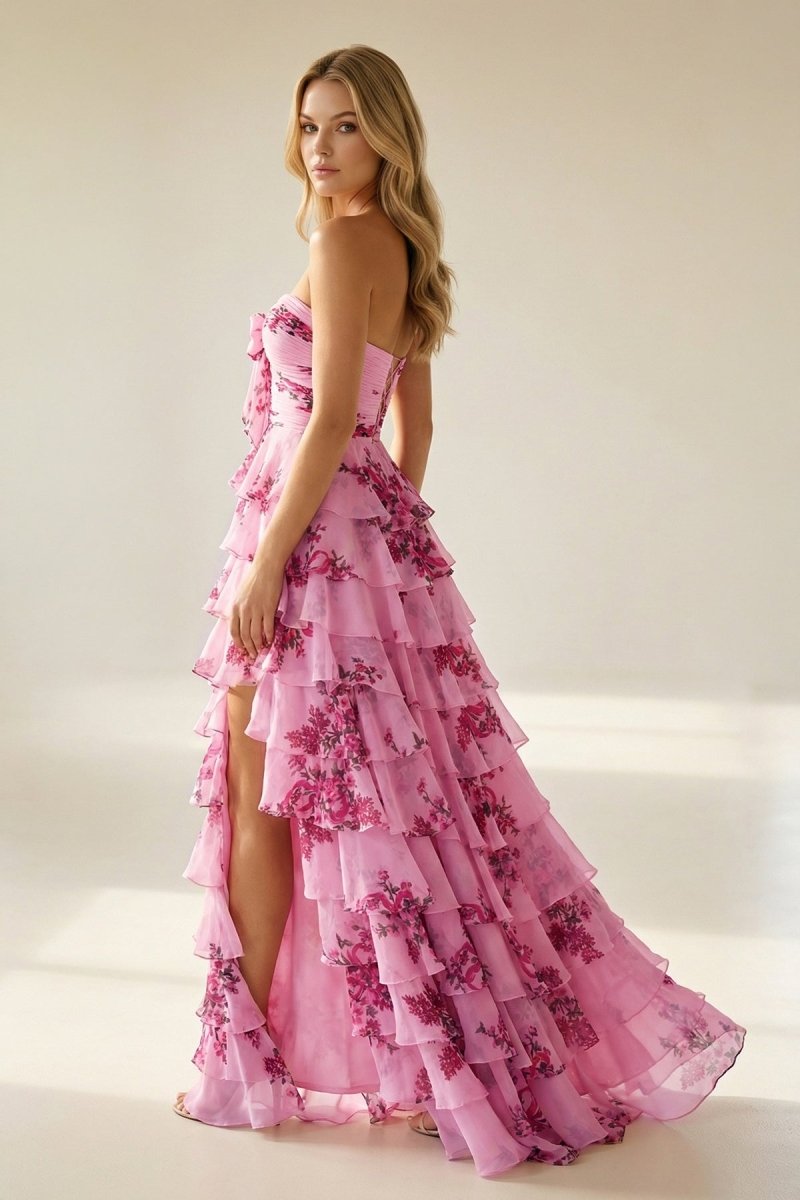 Hot Pink A Line Sweetheart Floral Chiffon Ruffled Long Prom Dresses With Slit