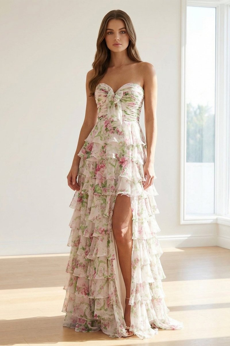 Hot Pink A Line Sweetheart Floral Chiffon Ruffled Long Prom Dresses With Slit