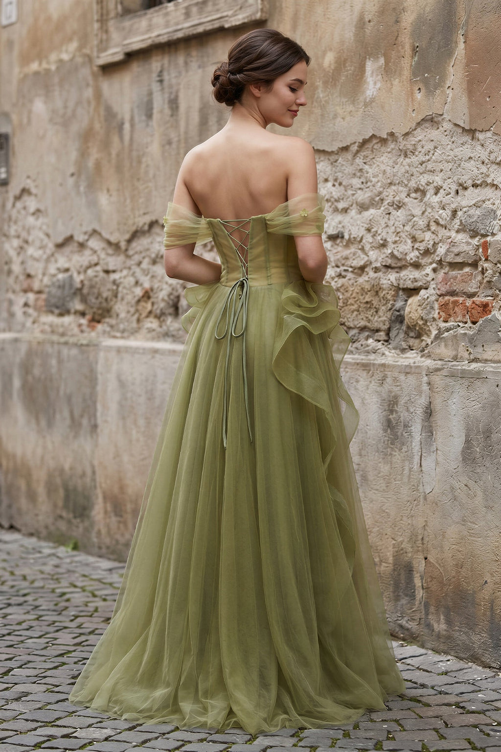 Green Tulle Lace Long Prom Dress with Corset, Green Formal Party Dress