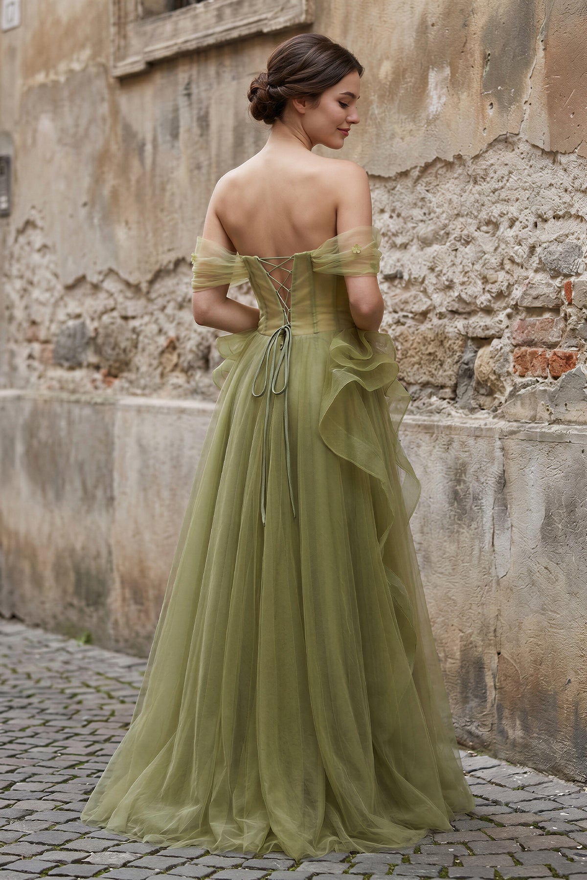 Green Tulle Lace Long Prom Dress with Corset, Green Formal Party Dress