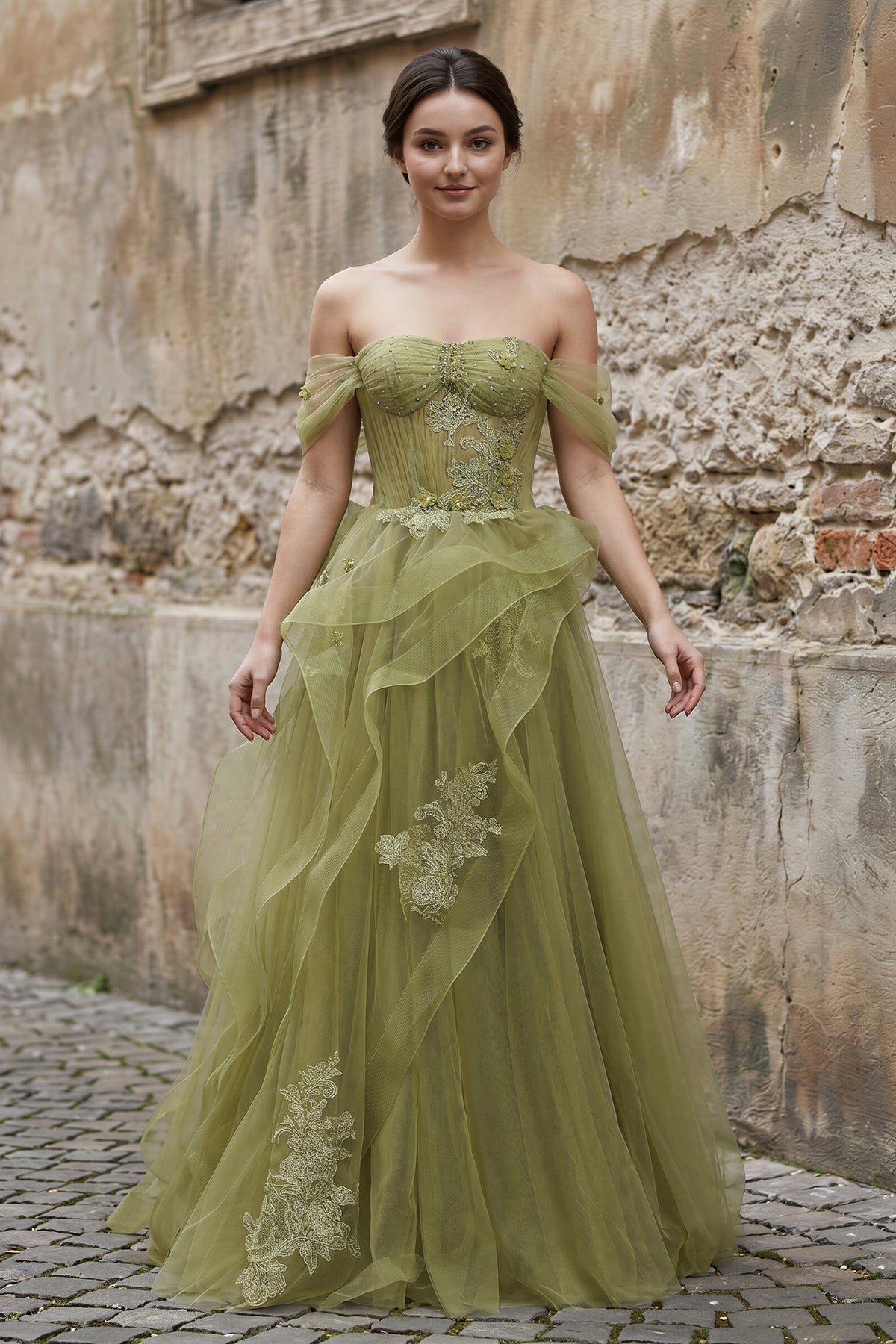 Green Tulle Lace Long Prom Dress with Corset, Green Formal Party Dress