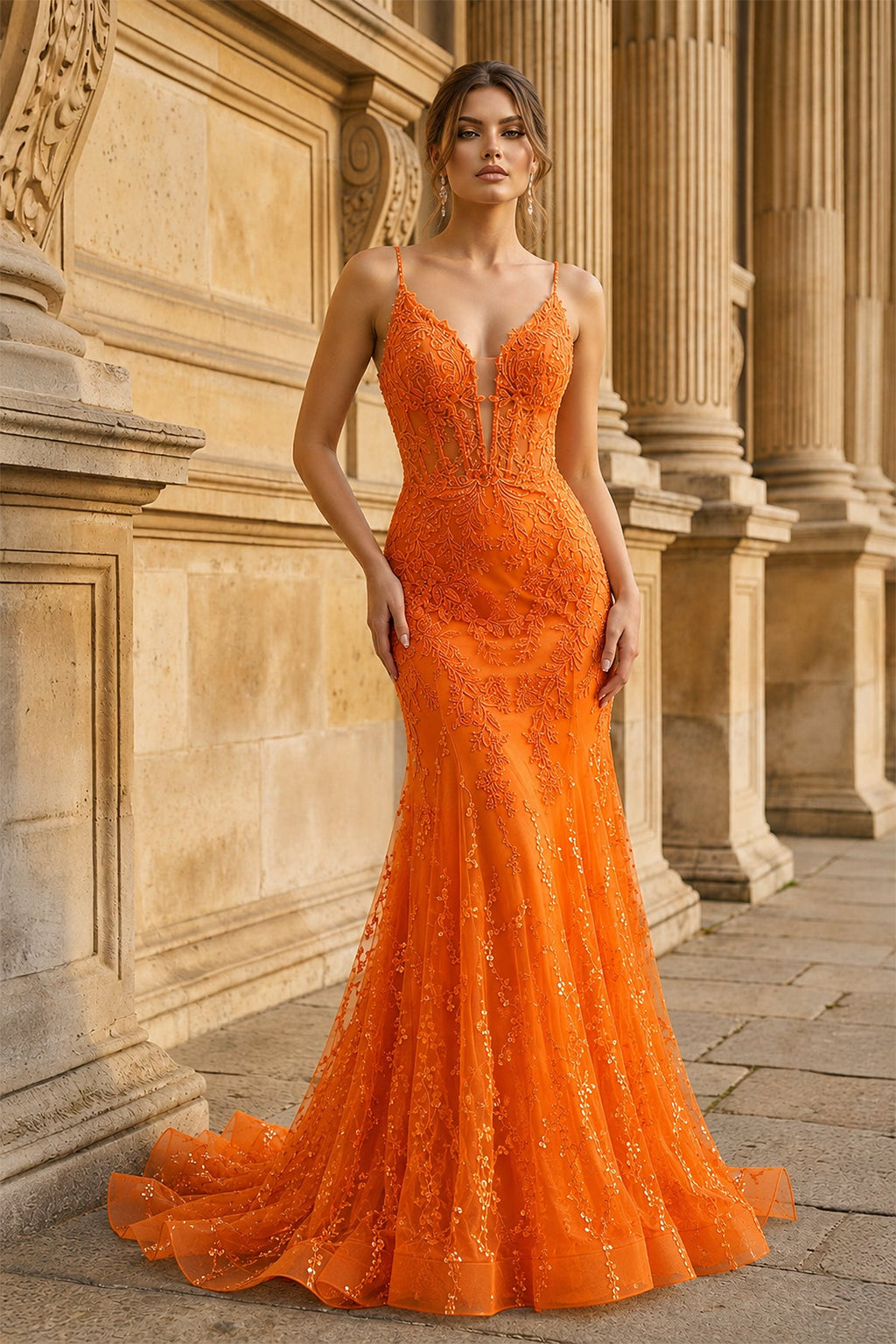 Orange Lace Spaghetti Straps Mermaid Long Formal Dress