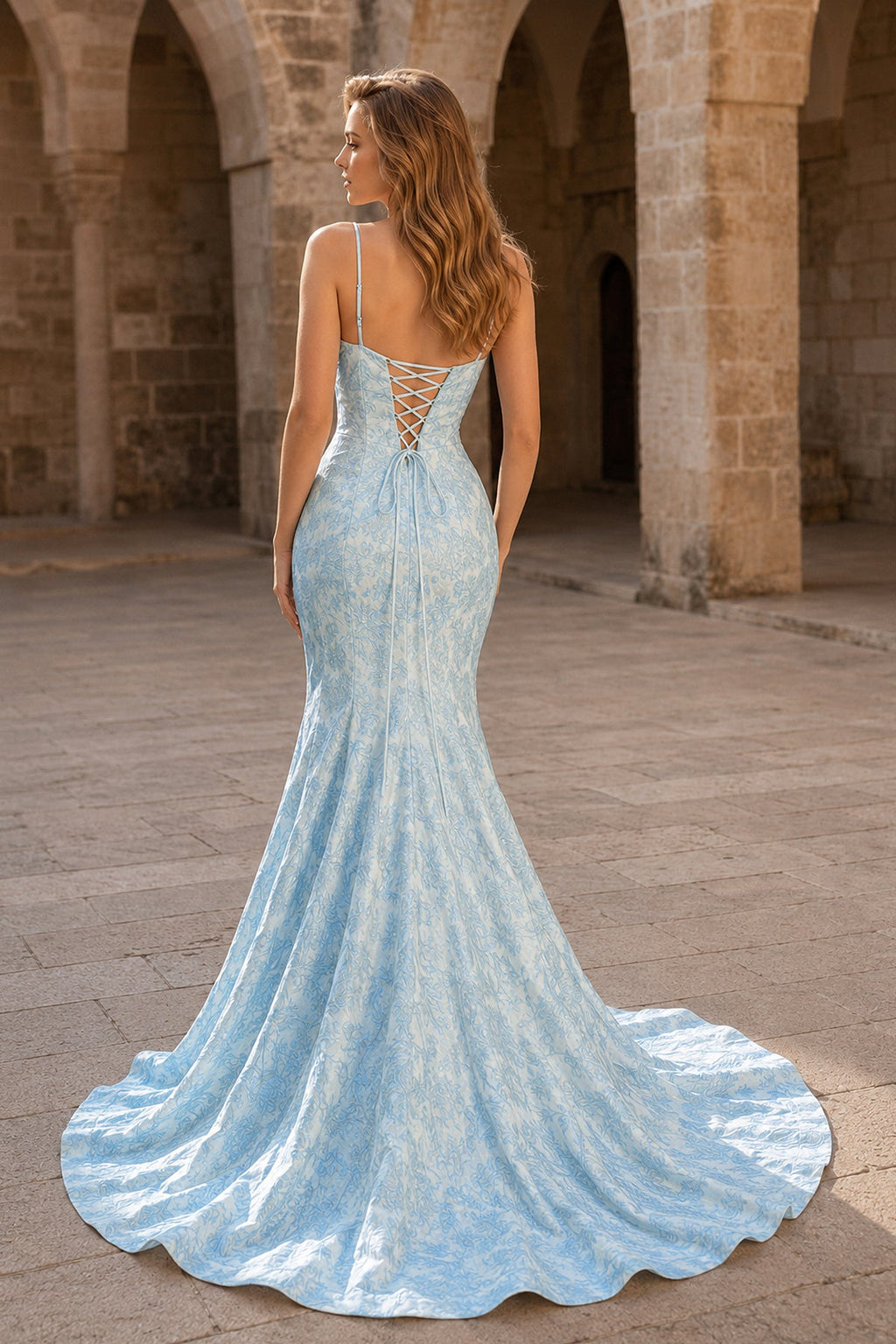 Spaghetti Straps Mermaid Floral Printed Prom Dress With Split