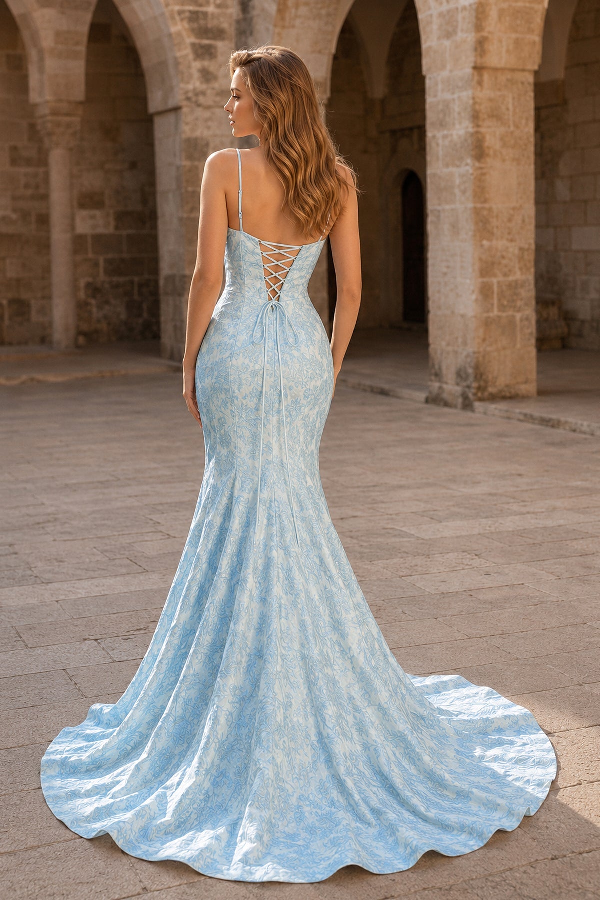 Spaghetti Straps Mermaid Floral Printed Prom Dress With Split