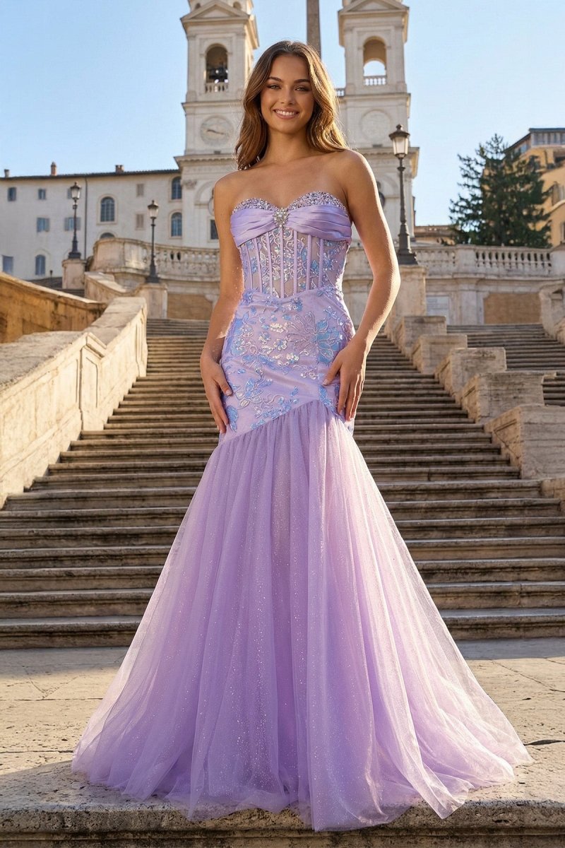 Lilac Sheath Sweetheart Tulle Pleated Long Prom Dresses With Beading
