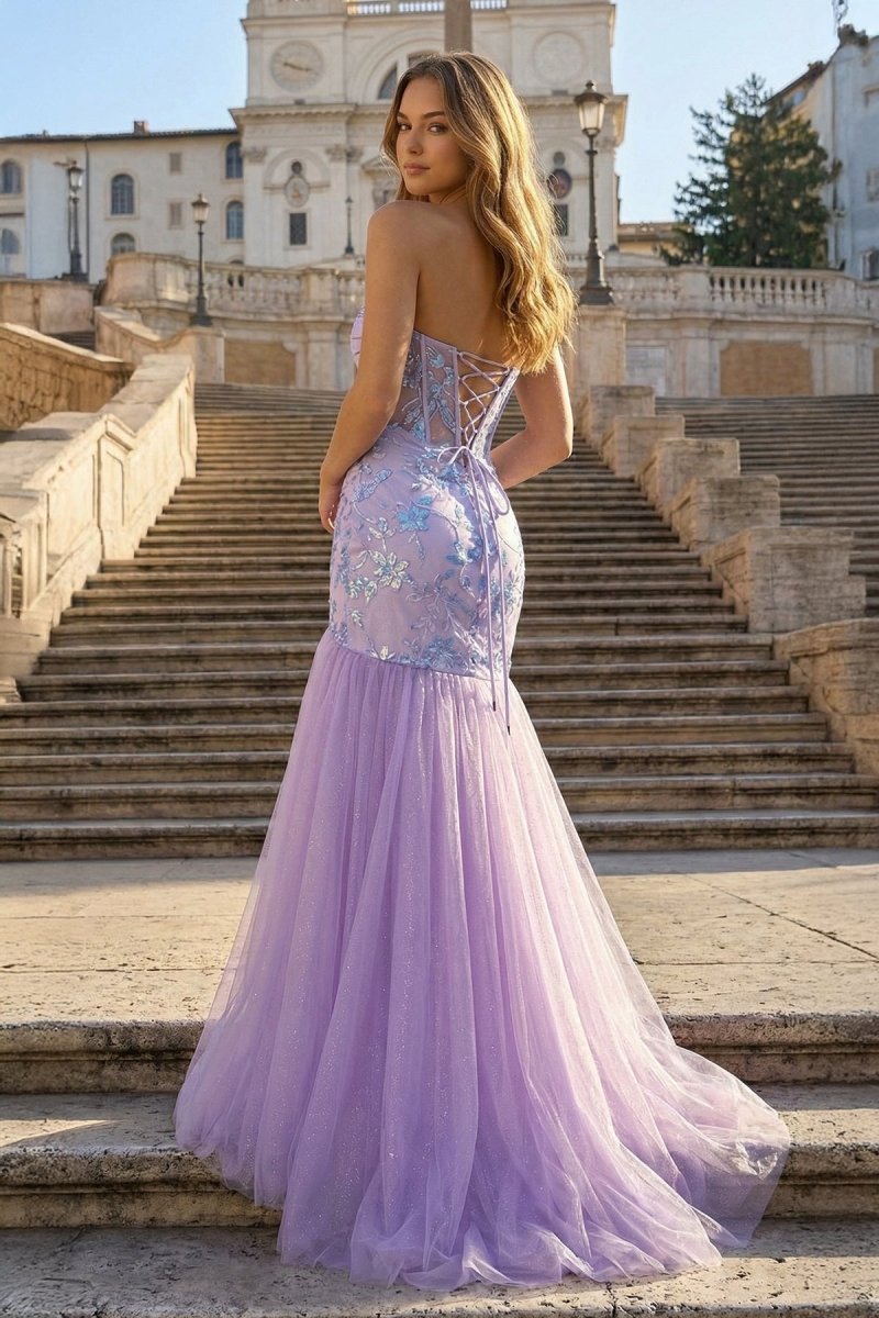 Lilac Sheath Sweetheart Tulle Pleated Long Prom Dresses With Beading