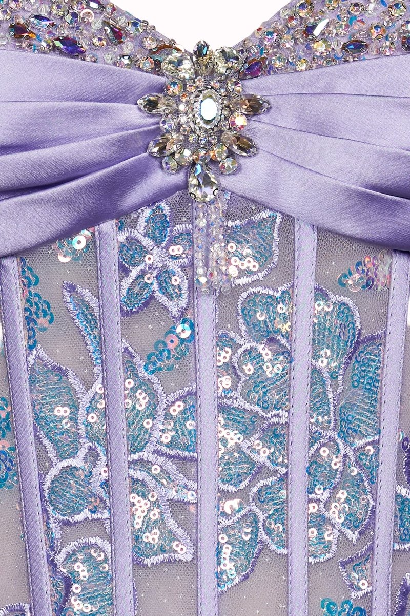 Lilac Sheath Sweetheart Tulle Pleated Long Prom Dresses With Beading