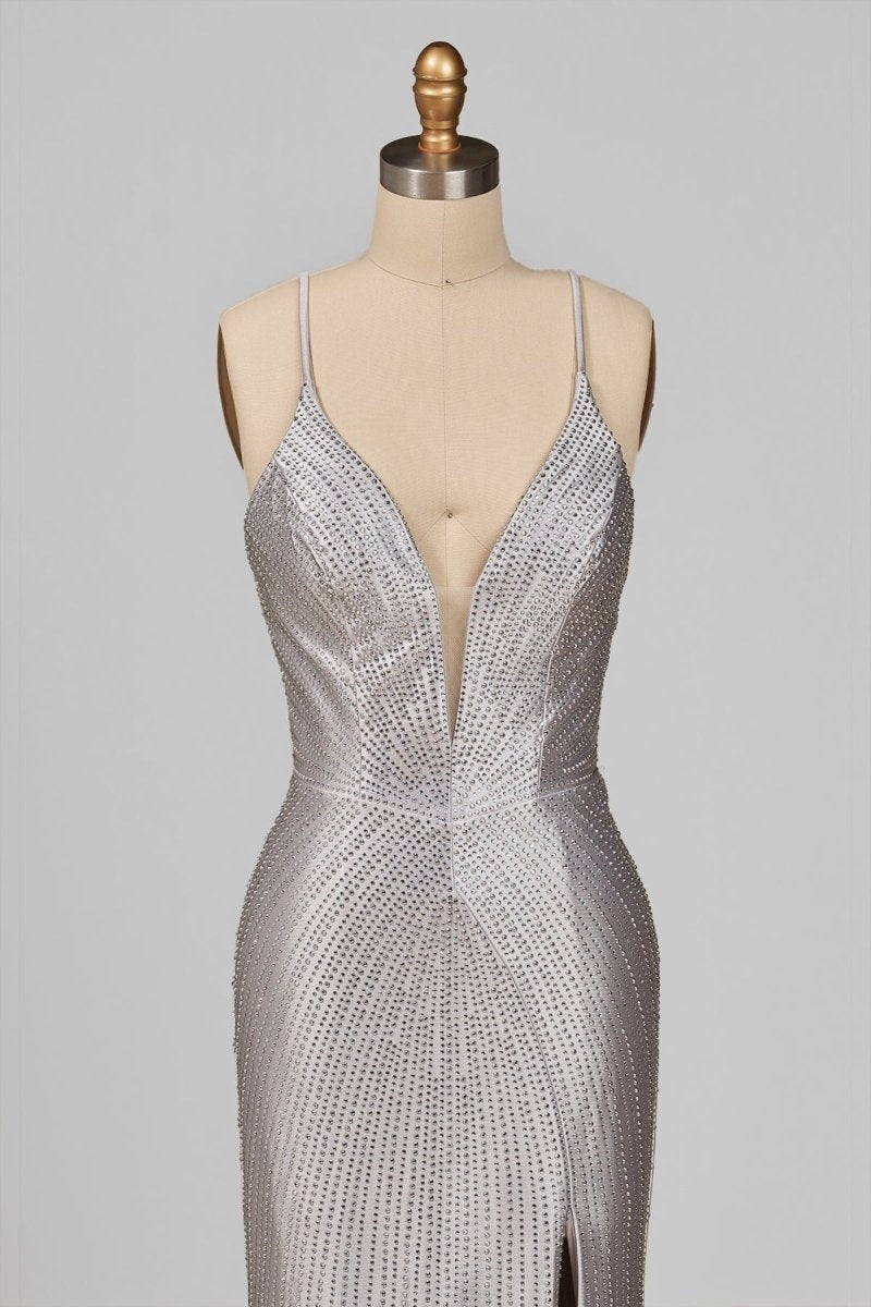 Silver Spaghetti Straps Mermaid Satin Beaded Long Formal Prom Dresses With Slit