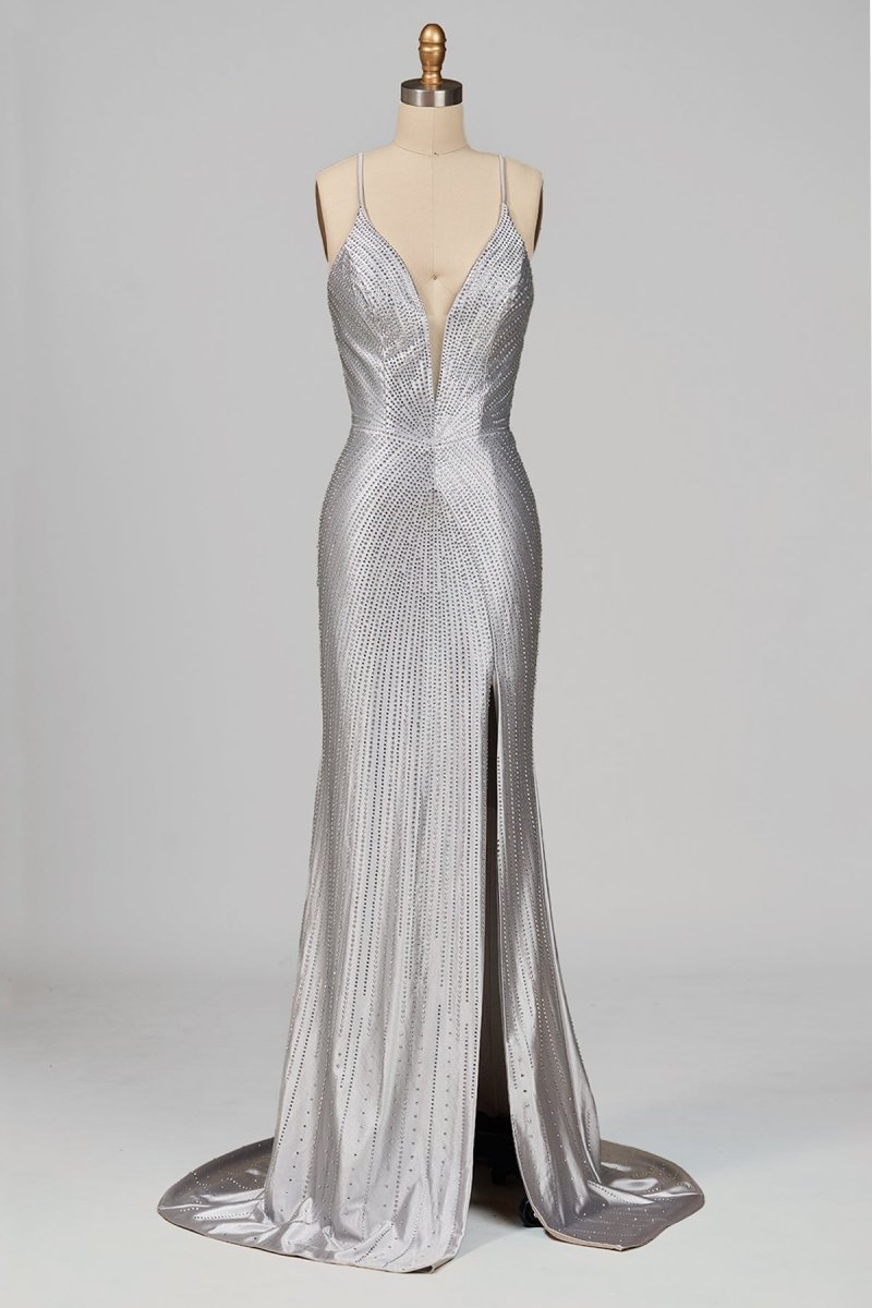 Silver Spaghetti Straps Mermaid Satin Beaded Long Formal Prom Dresses With Slit