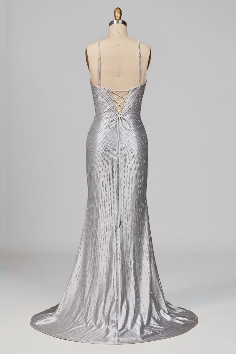 Silver Spaghetti Straps Mermaid Satin Beaded Long Formal Prom Dresses With Slit