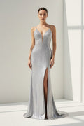 Silver Spaghetti Straps Mermaid Satin Beaded Long Formal Prom Dresses With Slit