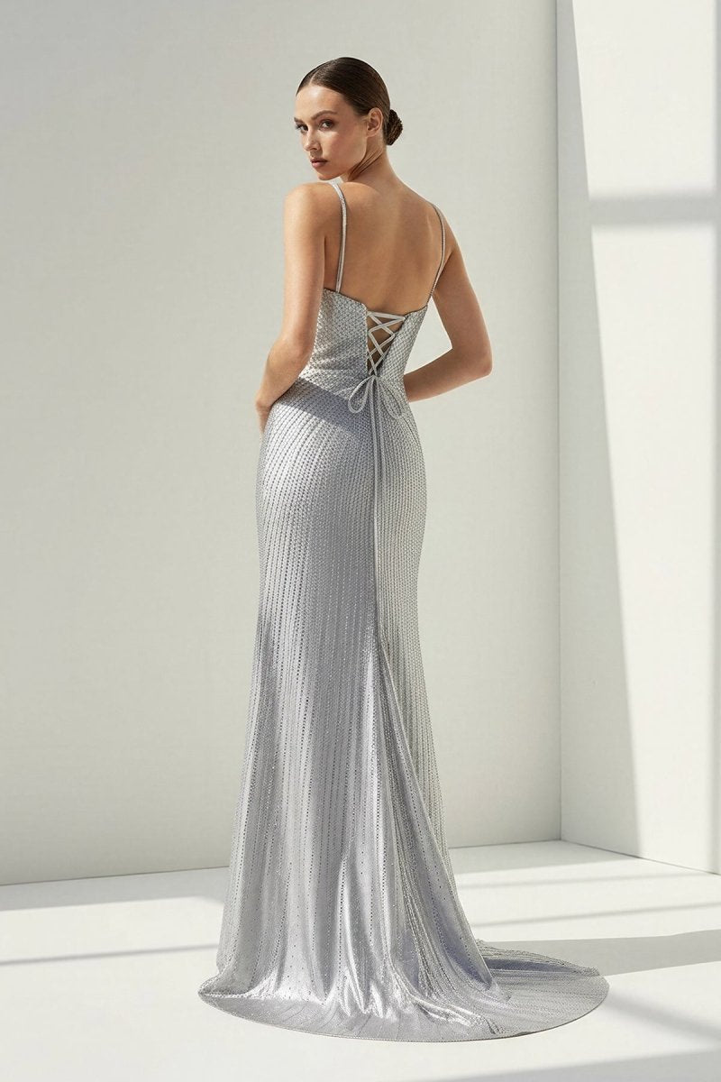 Silver Spaghetti Straps Mermaid Satin Beaded Long Formal Prom Dresses With Slit