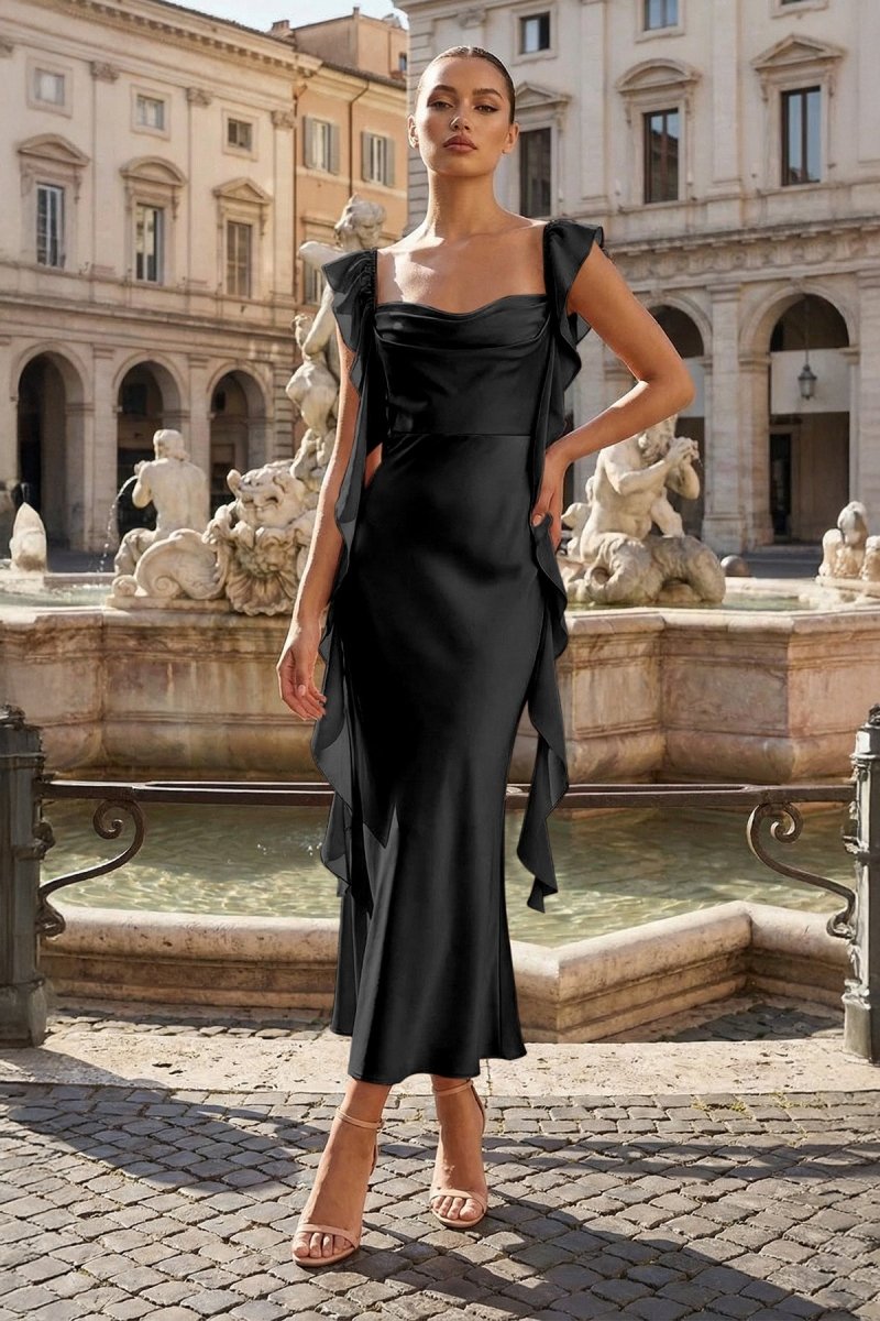 Pink - Sheath Cowl Neck Satin Pleated Formal Prom Dresses With Ruffles