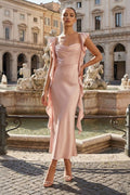 Pink - Sheath Cowl Neck Satin Pleated Formal Prom Dresses With Ruffles