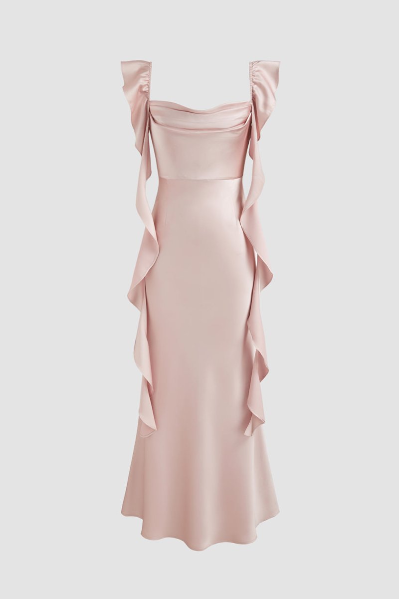 Pink - Sheath Cowl Neck Satin Pleated Formal Prom Dresses With Ruffles
