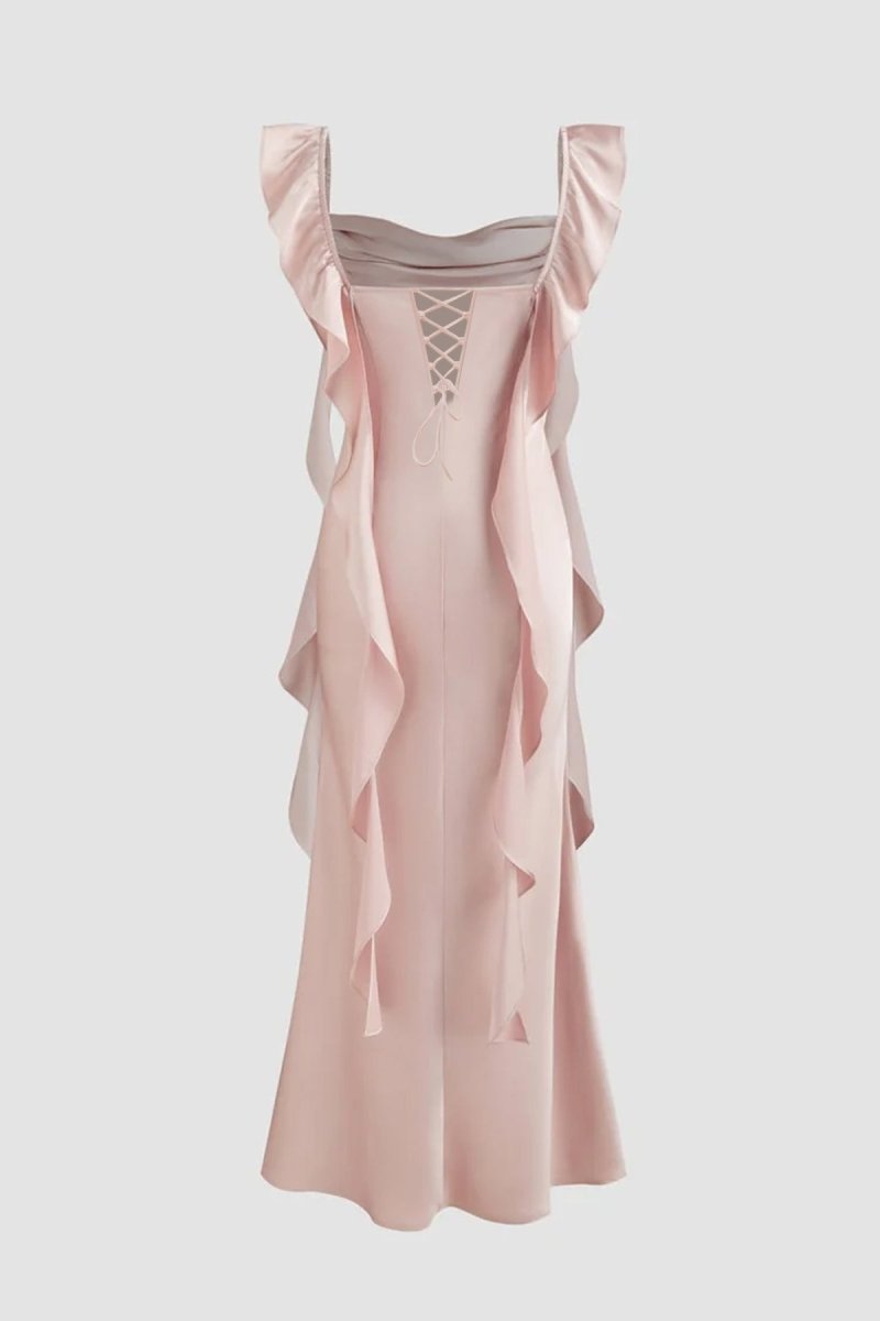 Pink - Sheath Cowl Neck Satin Pleated Formal Prom Dresses With Ruffles