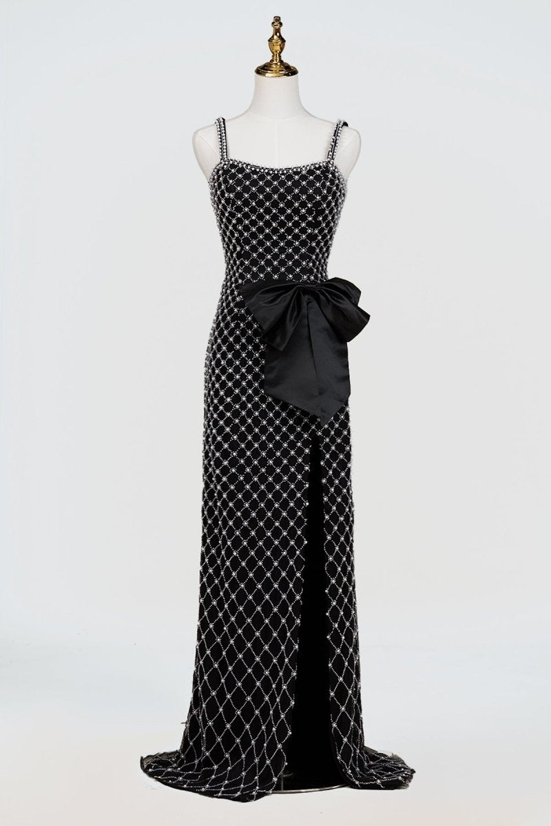Black Spaghetti Straps Sheath Satin Beaded Formal Prom Dresses With Bowknot