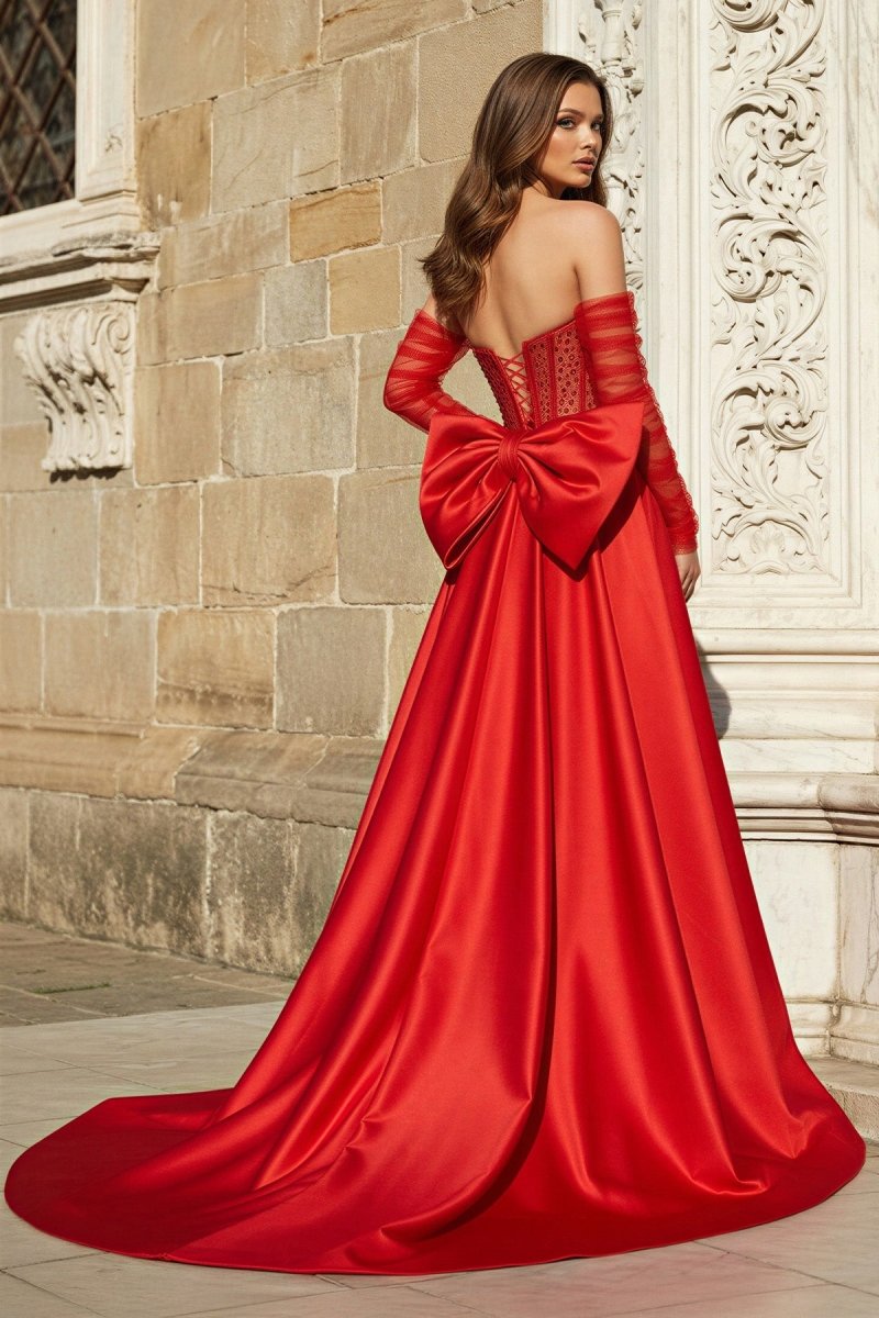 Red Sweetheart Satin Beaded Long Prom Dress With Split