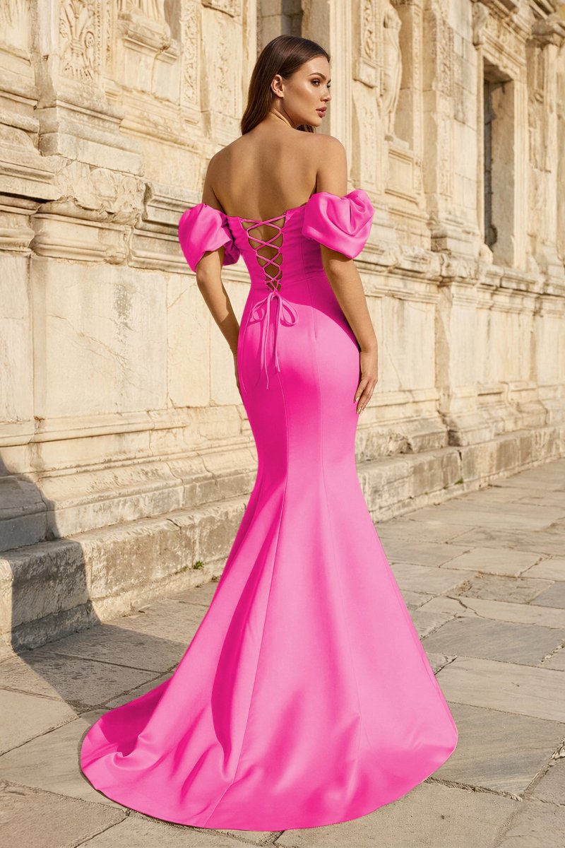 Yellow Satin Off-the-Shoulder Mermaid Pleated Long Formal Prom Dress with Sleeves