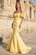 Yellow Satin Off-the-Shoulder Mermaid Pleated Long Formal Prom Dress with Sleeves